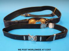 Black leather belt with Victorian hallmarked silver buckle and links and a blue belt with gold