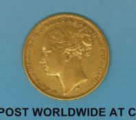 An 1876 young head gold full sovereign, type 2 reverse,