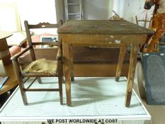 A pine school desk and 19thC child's chair