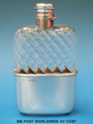 A Sampson Mordan Victorian hallmarked silver and wrythen glass hip flask, Ldn 1888,