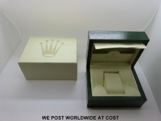Rolex green leather wristwatch box with original interior and outer box with embossed emblem and