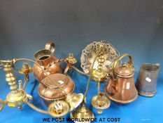 A box of plated ware, copper etc to include Guernsey cream jug, kettle, ladles,