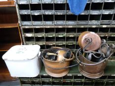 An enamel bread bin, copper coal scuttles, fire dogs etc.