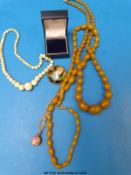 Two beaded bakelite necklaces,  mother-of-pearl necklace,