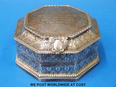 A hallmarked silver octagonal caddy with hinged lid and thumb piece (width 11cm, weight 325g,
