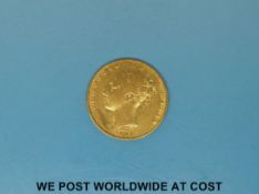 An 1843 young head gold full sovereign shield reverse