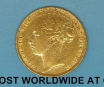 An 1884 young head gold full sovereign type 2 reverse