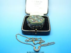 An Edwardian necklace set with seed pearls in a Stroud jewellery box together with a hexagonal