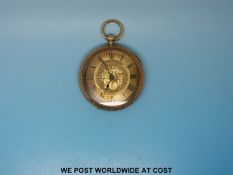 A yellow metal cased pocket watch with engraved case marked K14