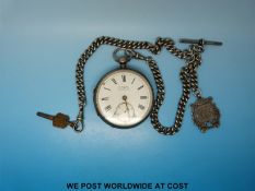 H Samuel silver cased gentleman's pocket watch hallmarked Birmingham 1890 on a silver chain with