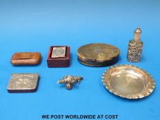 A horn oval box, treen snuff box, hallmarked silver mounted scent bottle, silver pin dish,