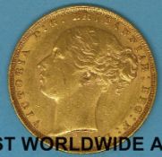 An 1873 young head gold full sovereign,type 2 reverse, Sydney mint,