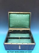 A 19thC tooled leather silk-lined jewellery box with flush brass concertina handle with kite mark
