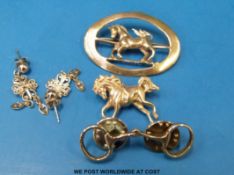 Two silver brooches in the form of horses together with other costume jewellery