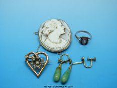 A 9ct gold brooch in the shape of a heart set with seed pearls,  9ct gold ring set with a cameo,