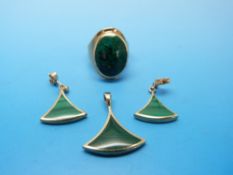 A 9ct gold ring set with malachite and a 9ct gold pendant set with malachite with matching earrings
