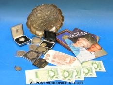Coins and bank notes including an 1819 half crown, crowns, silver fob,