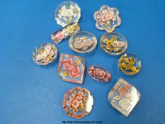 Eleven lucite brooches in various floral designs and various shapes
