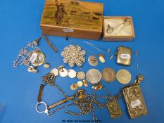 Mixed jewellery and coins to include a gold pin, cufflinks, a silver 1921 dollar, vesta,