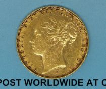 An 1884 young head gold full sovereign type 2 reverse,