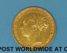 An 1885 young head gold full sovereign type 2 reverse,