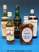 Five bottle of whisky, comprising 5 year aged Pig's Nose 70cl, Vat69 70ck, Ballantynes 1 litre,