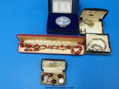 A filigree necklace by Ciro of Bond Street, Wedgwood cufflinks, a silver coin, bracelets,