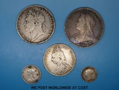 An 1898 veiled head Victorian LXII crown together with a Victorian half crown,