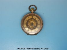 A ladies continental fob watch with keyless movement in yellow metal case with chased decoration