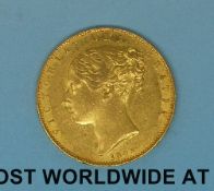 An 1845 young head gold full sovereign shield reverse