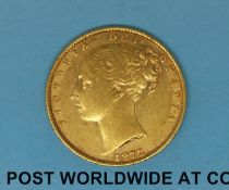 An 1872 young head gold full sovereign shield reverse,