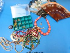 Costume jewellery including 9ct gold earrings, hallmarked silver, blue john brooch,