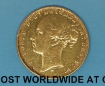 An 1879 young head gold full sovereign, type 2 reverse,