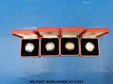 Four cased silver proof £1 piedfort coins 1999 through to 2002,
