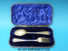 A hallmarked silver christening set comprising spoon and fork 81g