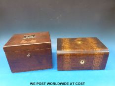 An inlaid wooden box with bone escutcheon and an oak box with key
