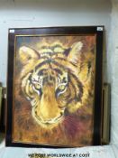 Oil on canvas of a tiger's face and one other.