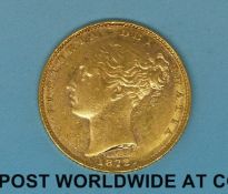 An 1872 young head gold full sovereign shield reverse,