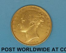 An 1878 young head gold full sovereign shield reverse,