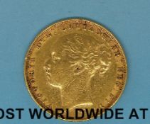 An 1885 young head gold full sovereign type 2 reverse,