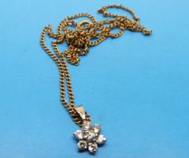 A 9ct gold pendant set with cubic zirconia in a cluster on 9ct gold chain