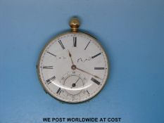 J J Welsh Seaham 18ct gold cased pocket watch with white enamel dial and subsidiary seconds dial