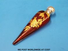 A Victorian cranberry glass scent bottle with hallmarked silver top and gilt floral decoration,