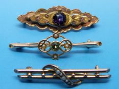 Three 9ct gold bar brooches set with seed pearls citrine etc