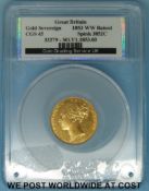 An 1853 young head gold full sovereign in CGS (coin grading service) capsule - CGS 45, shield back,