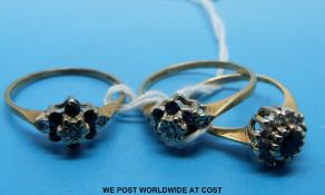 Three 9ct gold rings two set with sapphires and diamonds in clusters and the other clear and blue