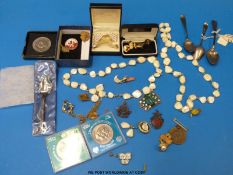 Two mother of pearl beaded necklaces with matching earrings, coral and mother of pearl charm,