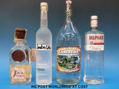 Four bottles of vodka to include 2 litre Russky Samogon No1,