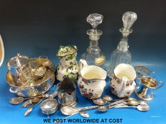 A hallmarked silver dressing table trinket box, diameter 6cm, plated cutlery, cup holders etc,