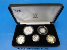 A 2007 cased set of five piedfort silver proof coins commemorating various points in British